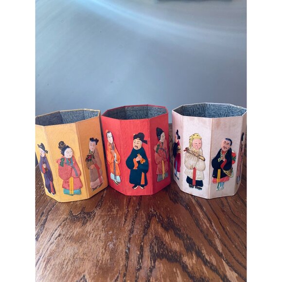 Vintage Handcrafted Octagonal Waste Paper Baskets Made In Hong Kong With Asian F - Picture 4 of 6